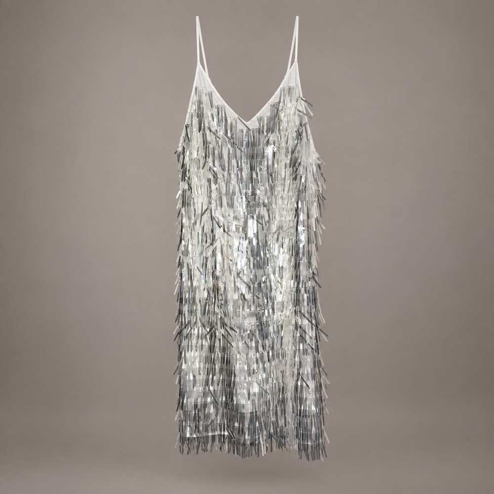 Untamed Petals Silver Sequin Fringe Mini Dress V-Neck Spaghetti Strap White